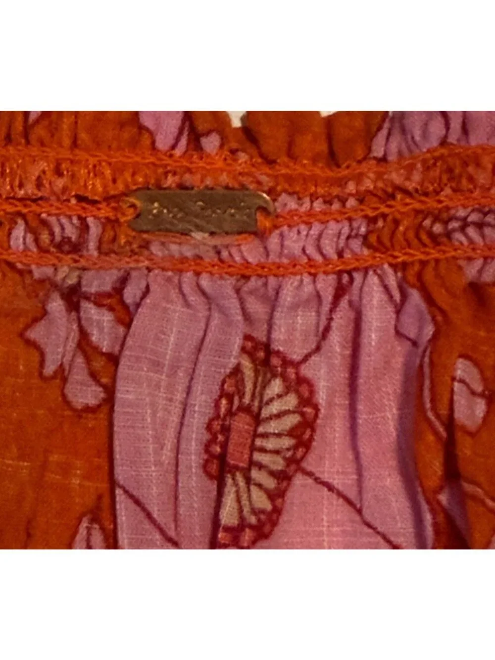 Free People Orange and Pink Floral Ruffle Off the Shoulder Flowy Cotton Top Size
